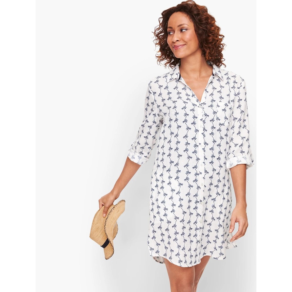 Talbots Palm Tree‎ Beach Shirt Dress Womens Sz XL White Crinkle Cotton Gauzy NWT